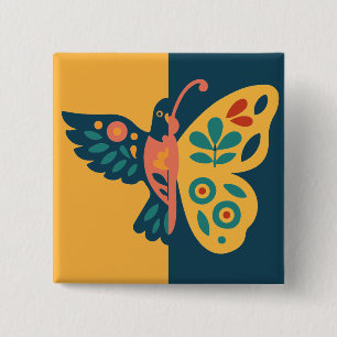 Colourful butterfly decoration with floral element 2 inch square button