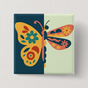 Colourful butterfly decoration with floral element 2 inch square button