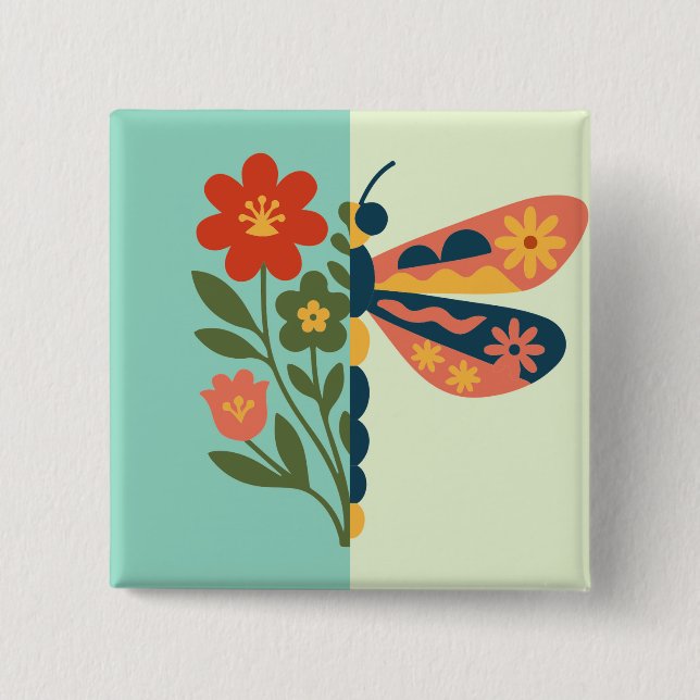 Colourful butterfly decoration with floral element 2 inch square button (Front)