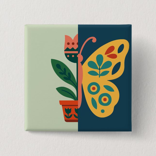 Colourful butterfly decoration with floral element 2 inch square button (Front)