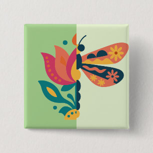 Colourful butterfly decoration with floral element 2 inch square button
