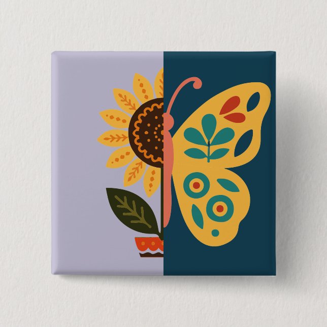 Colourful butterfly decoration with floral element 2 inch square button (Front)