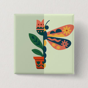 Colourful butterfly decoration with floral element 2 inch square button