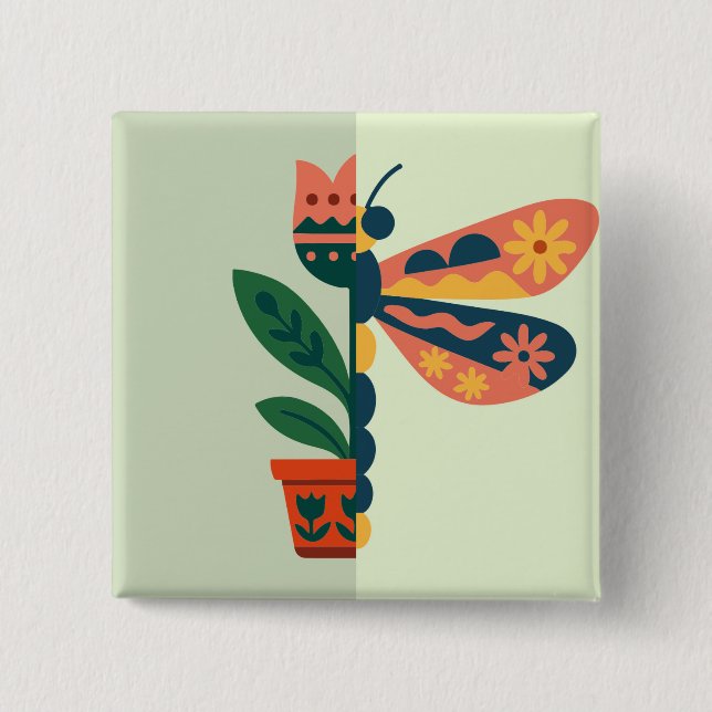 Colourful butterfly decoration with floral element 2 inch square button (Front)