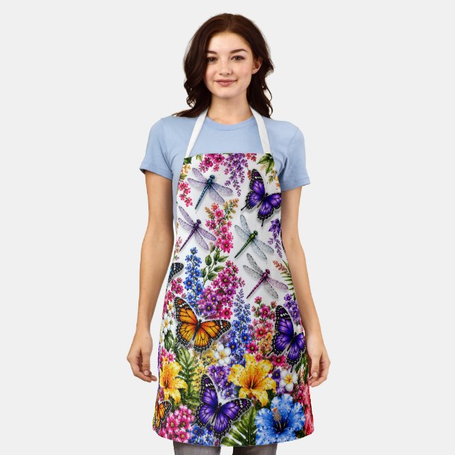 Colourful Butterfly & Dragonfly Floral Apron (Worn)