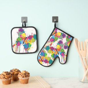 Colourful Butterfly Drip-Paint Watercolor Kitchen Oven Mitt & Pot Holder Set