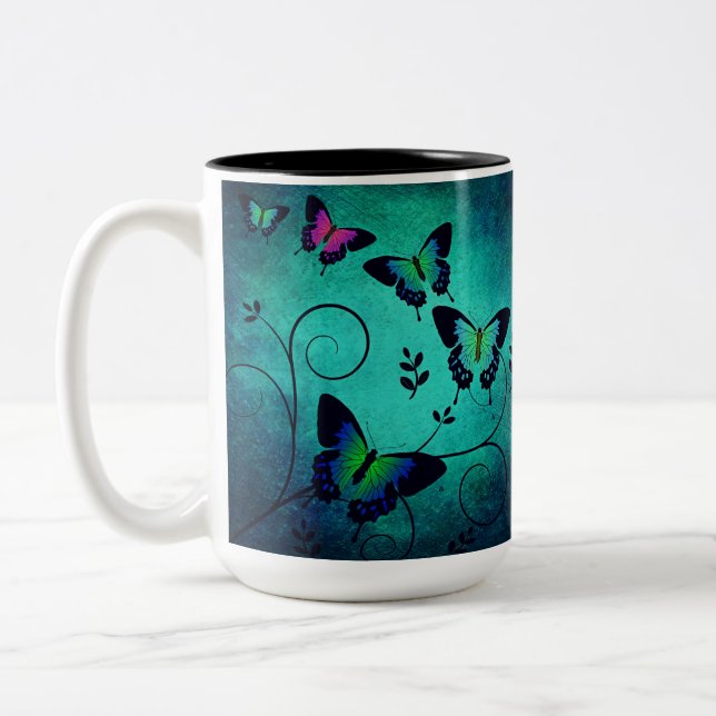 Colourful Butterfly Fluttering In A Garden Harmony Two-Tone Coffee Mug (Left)