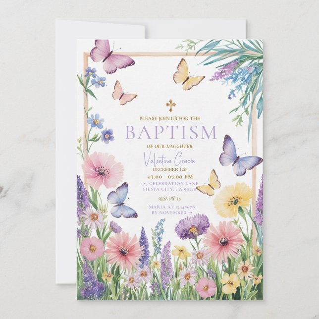 Colourful Butterfly Girl Baptism Gold Cross Flower Invitation (Front)