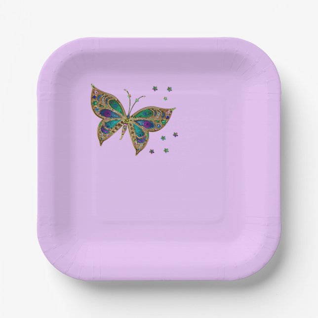 Colourful Butterfly on Lilac Background Paper Plate (Front)