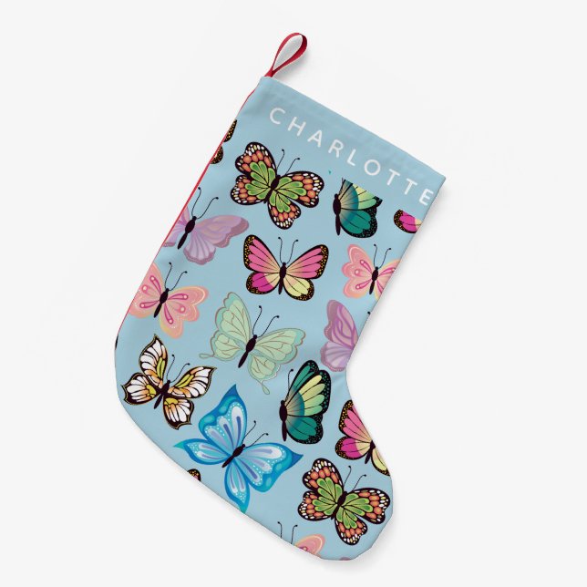 Colourful Butterfly Pattern Pastel Blue Custom Nam Small Christmas Stocking (Front (Hanging))