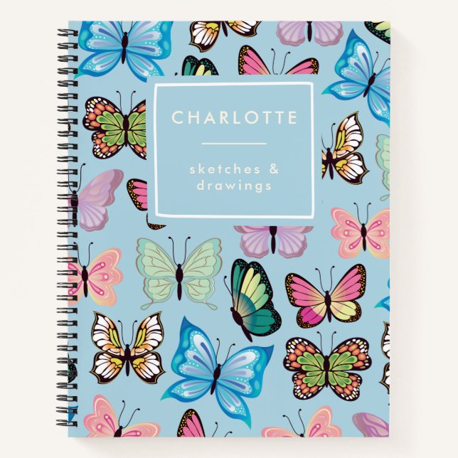 Colourful Butterfly Pattern Pastel Blue Sketchbook Notebook (Front)