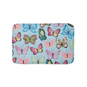 Colourful Butterfly Pattern Pastel Light Blue Bath Mat