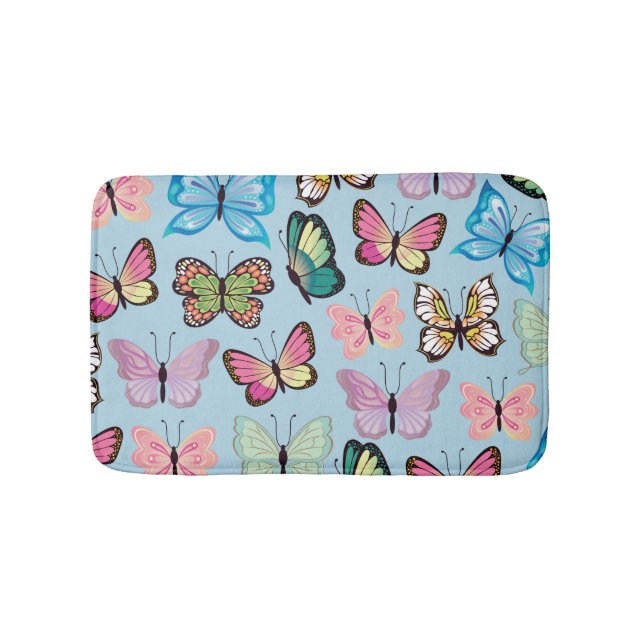 Colourful Butterfly Pattern Pastel Light Blue Bath Mat (Front)