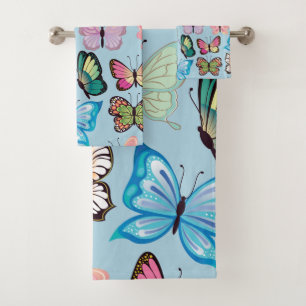 Colourful Butterfly Pattern Pastel Light Blue Bath Towel Set