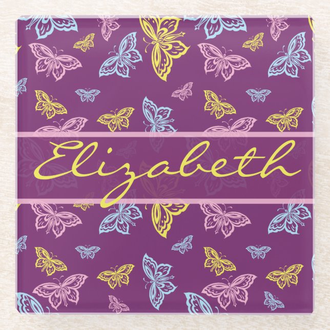 Colourful Butterfly Personalize Pattern Glass Coaster (Front)