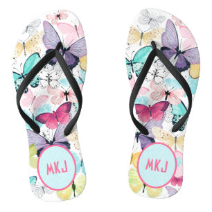 Colourful Butterfly Pink, Blue, Purple Monogram Flip Flops