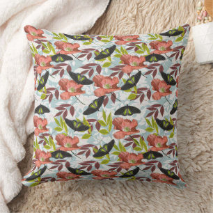 Colourful Butterfly & Red Poppy Nature Pattern Throw Pillow