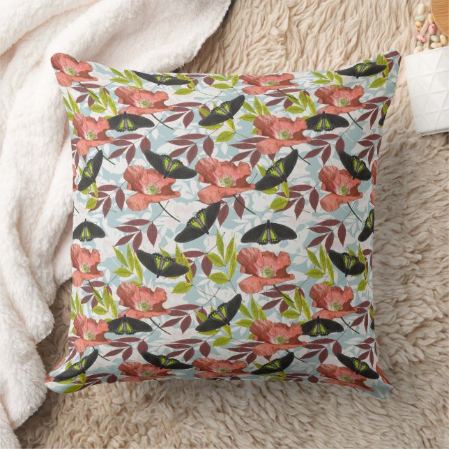 Colourful Butterfly & Red Poppy Nature Pattern Throw Pillow (Blanket)