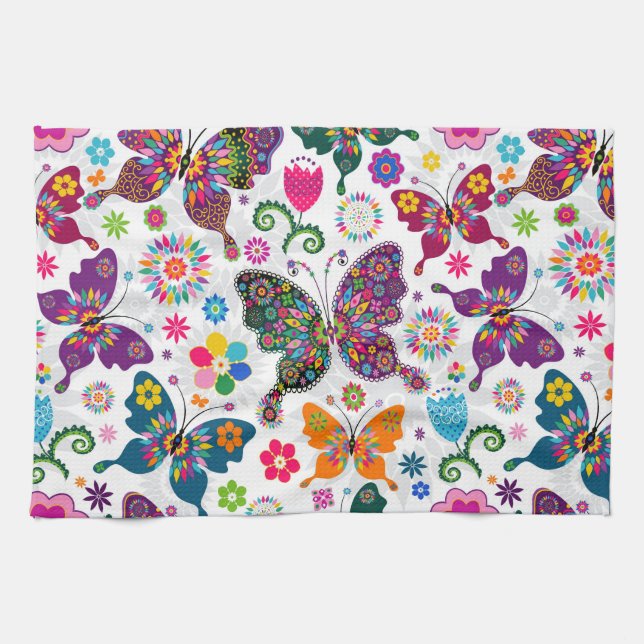 Colourful Butterfly's And Flowers Pattern Kitchen Towel (Horizontal)
