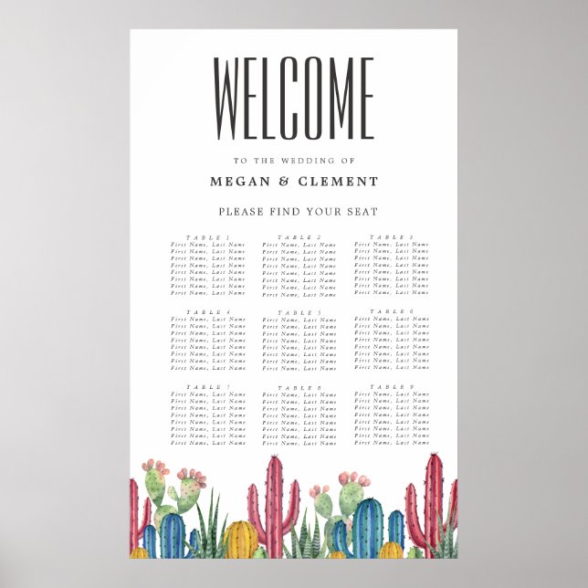 Colourful Cacti | 9 Table Seating Chart (Front)