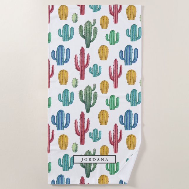 Colourful Cacti | Desert Theme Personalized Beach Towel (Front)