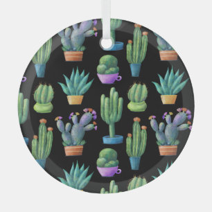 Colourful Cacti: Whimsical Seamless Design. Glass Ornament