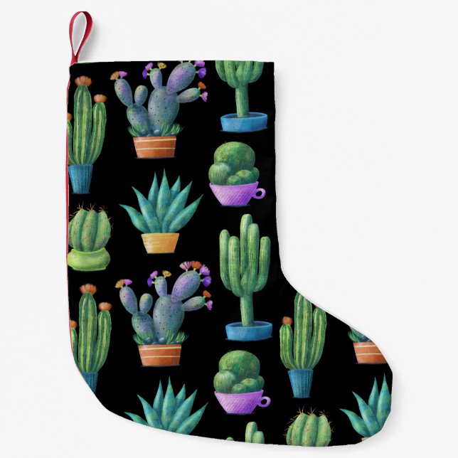 Colourful Cacti: Whimsical Seamless Design. Small Christmas Stocking (Front)