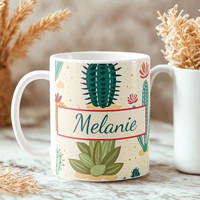 Colourful Cactus Floral Personalized Name Coffee Mug (Creator Uploaded)