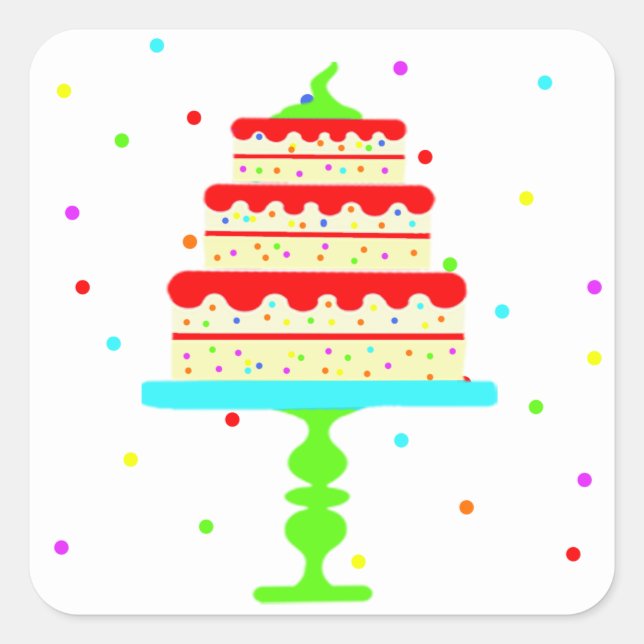 Colourful Cake and Confetti Children’s Birthday Square Sticker (Front)