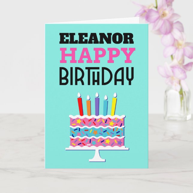 Colourful Cake Candles Name Happy Birthday Card (Orchid)