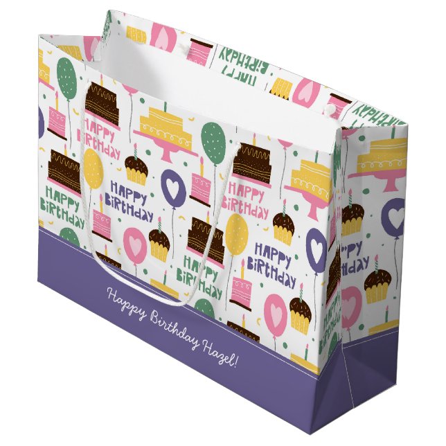 Colourful Cake Pattern Happy Birthday w/ Name + Ag Large Gift Bag (Front Angled)