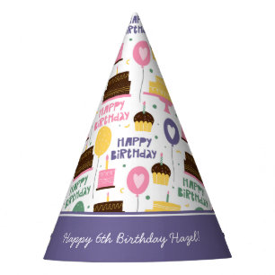 Colourful Cake Pattern Happy Birthday w/ Name Age Party Hat