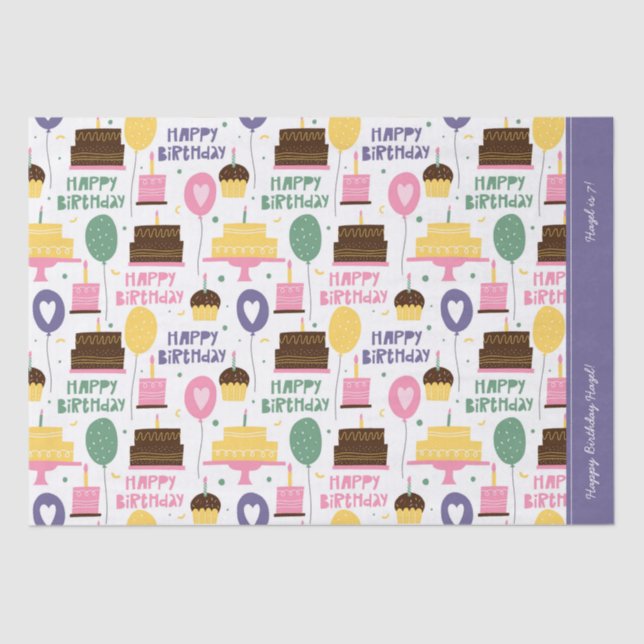 Colourful Cake Pattern Happy Birthday w/ Name Age Tissue Paper (Front)