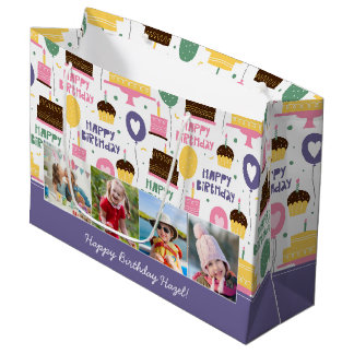 Colourful Cake Pattern Happy Birthday w/ Name Phot Large Gift Bag