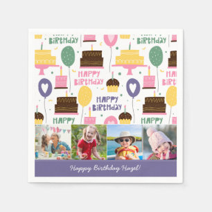 Colourful Cake Pattern Happy Birthday w/ Name Phot Napkin