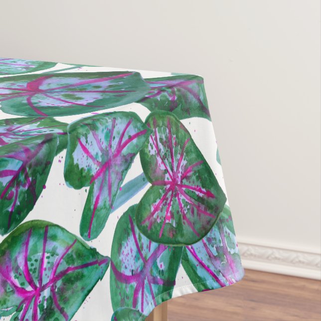 Colourful Caladiums Watercolor Leaf Pattern Pink Tablecloth (In Situ)