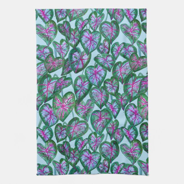 Colourful Caladiums Watercolor Leaves Pink Green Kitchen Towel (Vertical)