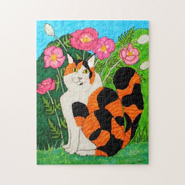 Colourful Calico Cat Pink Oriental Poppies Unique Jigsaw Puzzle (Vertical)