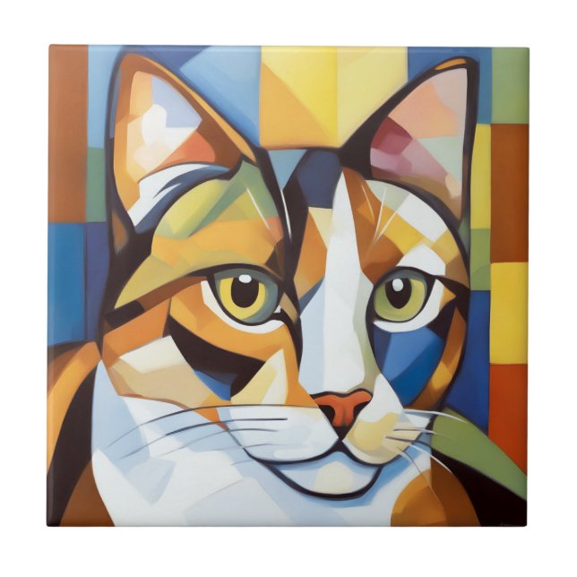 Colourful Calico Cubist Cat Tile (Front)