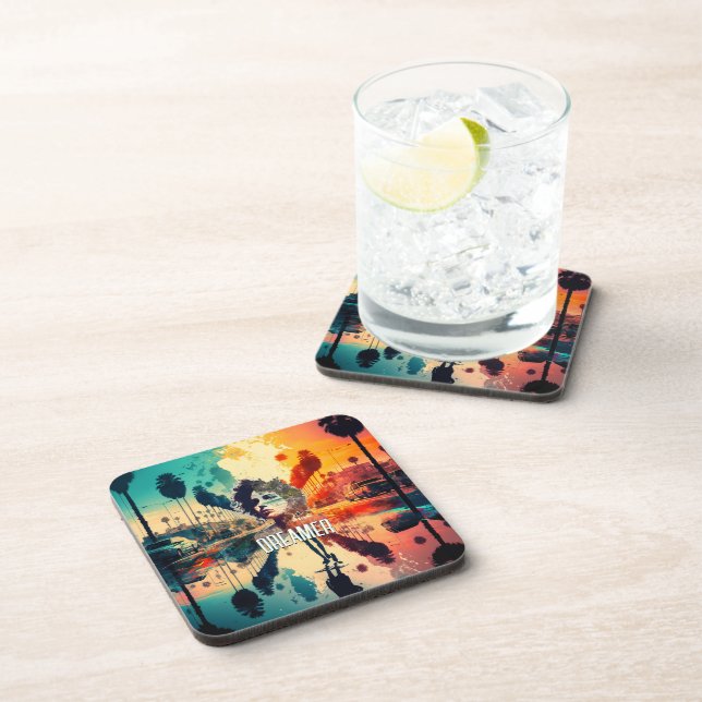 colourful California Dream woman sunset silhouette Coaster (Right Side)