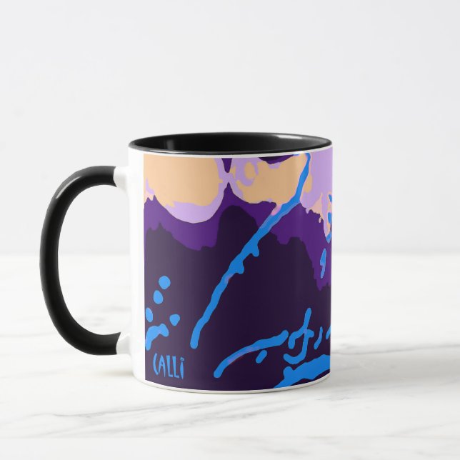 Colourful Calli Art Mug in purples and blues black (Left)