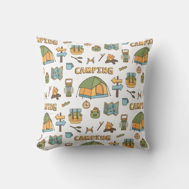 Colourful Camping Gear Pattern Throw Pillow (Front)