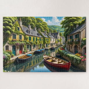 Colourful Canal Village Boats Scenic Jigsaw Puzzle