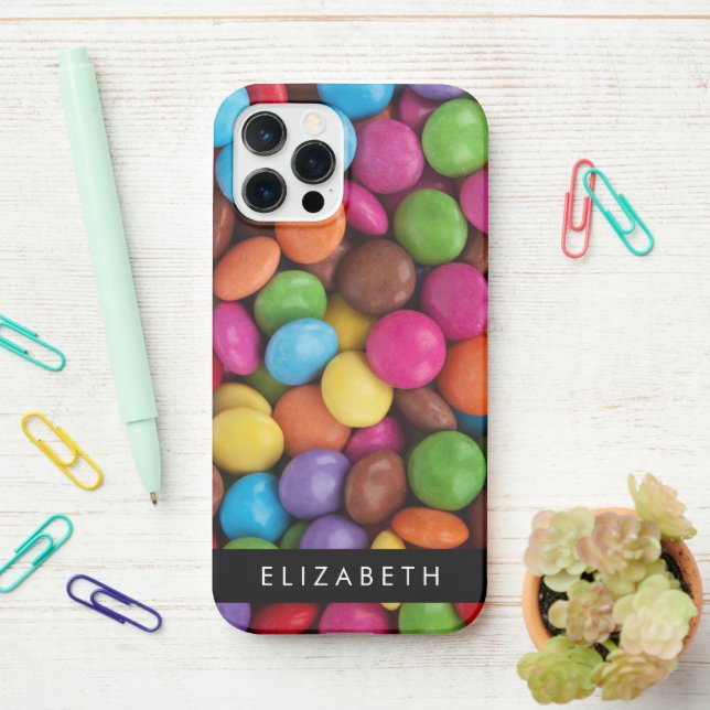 Colourful Candy, Candy Buttons, Sweets, Your Name iPhone Case (On Desk)