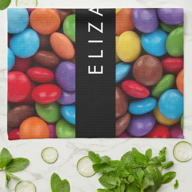 Colourful Candy, Candy Buttons, Sweets, Your Name Kitchen Towel (Folded)