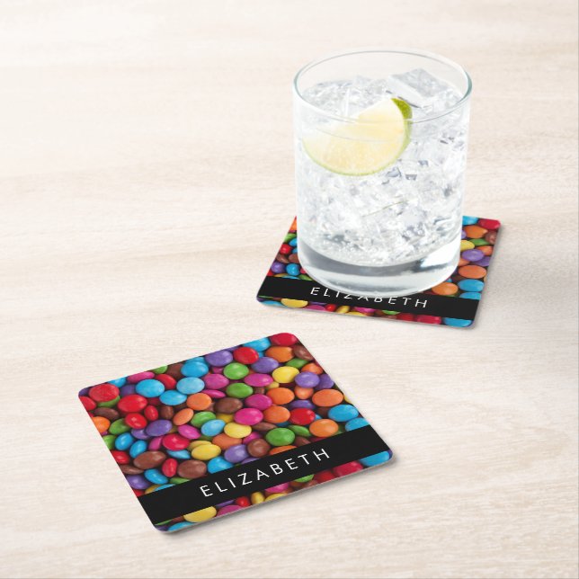 Colourful Candy, Candy Buttons, Sweets, Your Name Square Paper Coaster (Insitu)