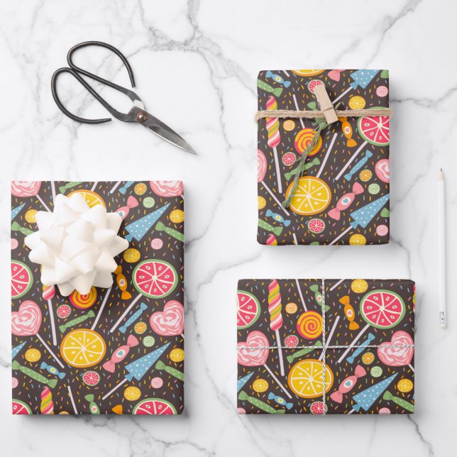 Colourful Candy Explosion Lollipop Blue Orange Red Wrapping Paper Sheet (Front)