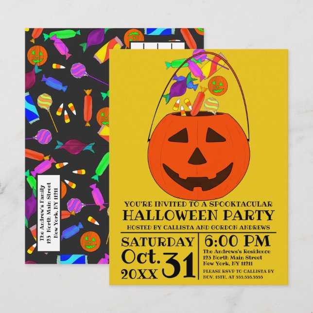 Colourful Candy Jack O' Lantern Bucket Halloween Invitation Postcard (Front/Back)