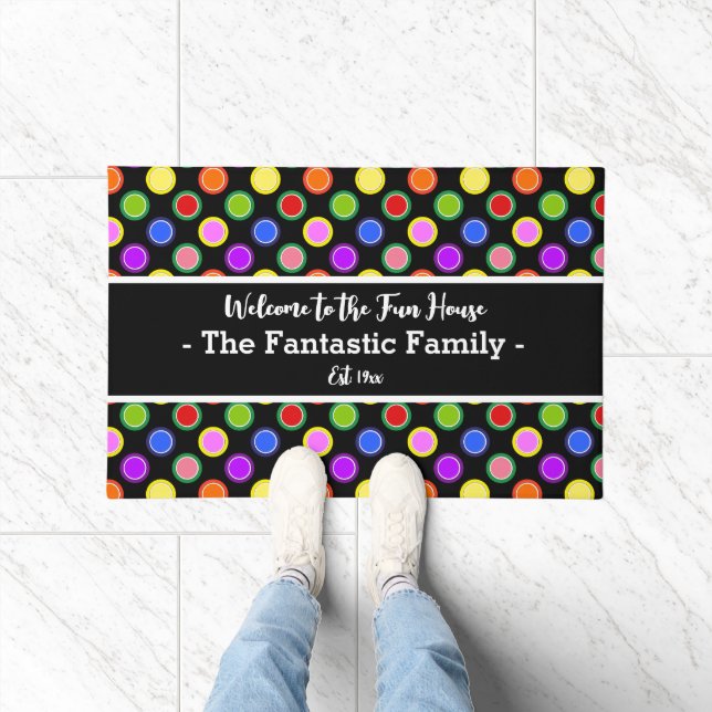 Colourful Candy Polka Dots on Black Personalized Doormat (Indoor)