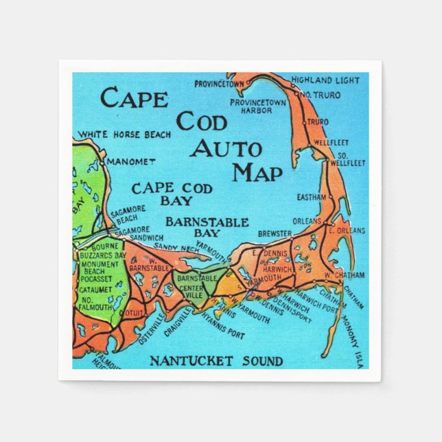 Colourful Cape Cod Map Napkin (Front)
